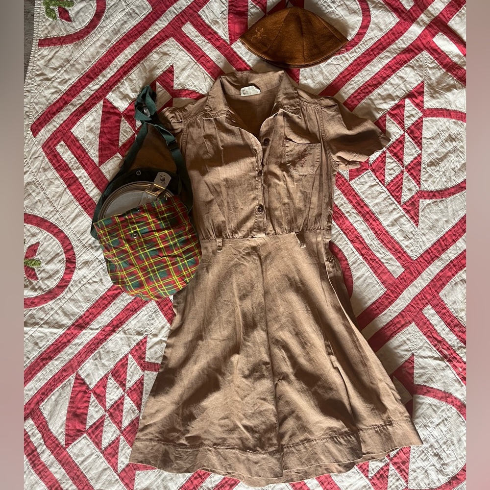 Vintage 1950s-60s Girl Scouts brown dress with matching caramel colored beret.